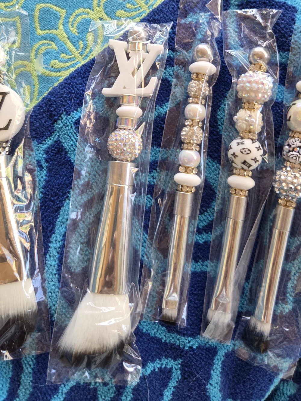 Rhinestone Beaded Cosmetic Brush Set with LV Accents